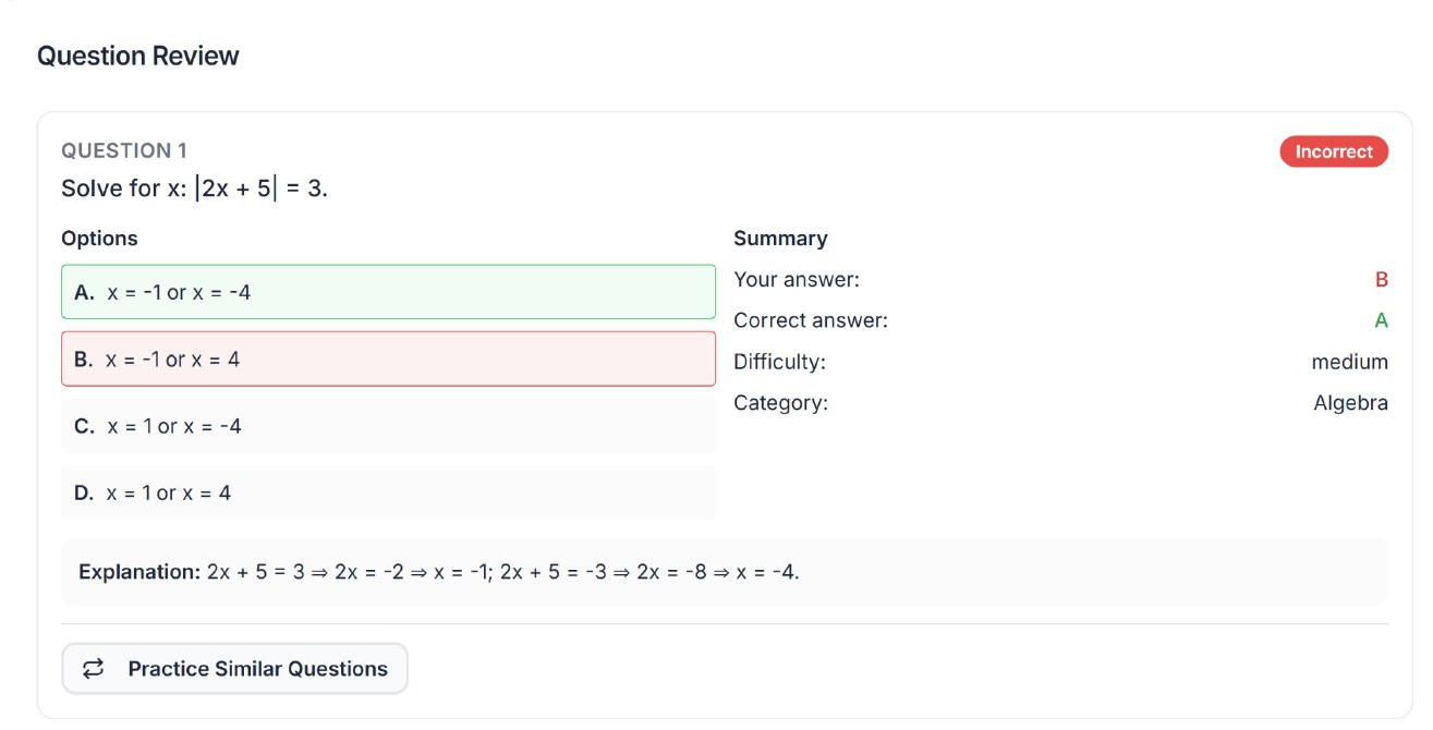 MySATRise question review showing a step-by-step explanation and a button to practice similar questions